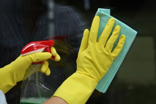 Home cleaning supplies arranged for domestic cleaning tasks