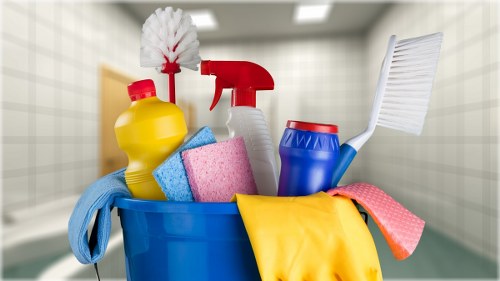 Routine cleaning tools arranged for home maintenance